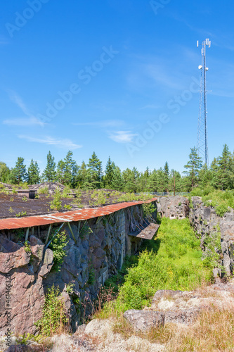 Fortress that is blasted into the rock, Vaberget, Karlsborg in Sweden. with a phone mast
