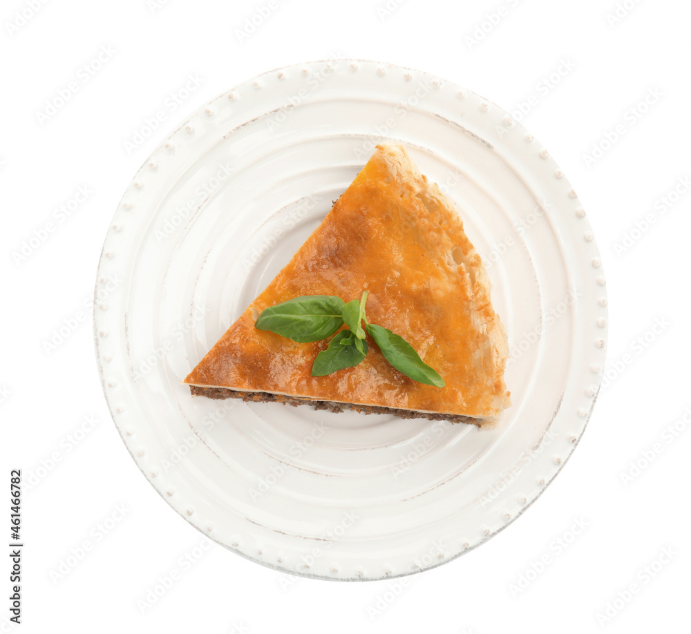 Piece of delicious pie with minced meat isolated on white, top view Piece of delicious pie with minced meat isolated on white, top view