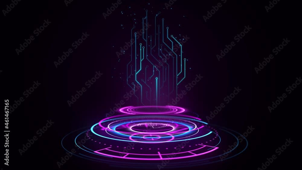 4K HUD holograms portal GUI, UI design. digital technology. Circle podium. Hi tech panel hologram light. VR projector, portal, podium. Futuristic interface. Hi-tech communication innovation.