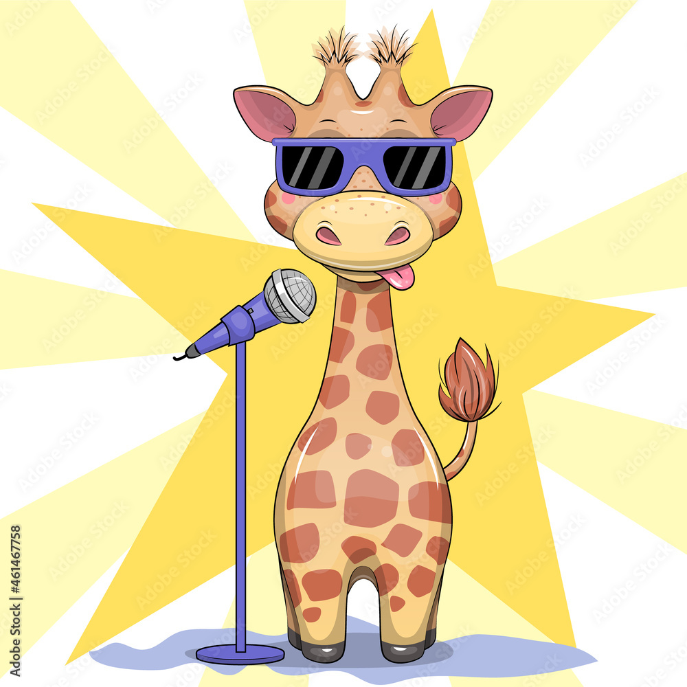 Cute cartoon microphone and giraffe with glasses. Vector of a singing