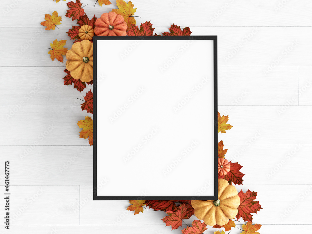 fall frame mockup, autumn background with leaves, 3d render
