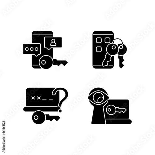 Password protection black glyph icons set on white space. Social media safety. Phone lock. Shoulder surfing. Online privacy management. Silhouette symbols. Vector isolated illustration