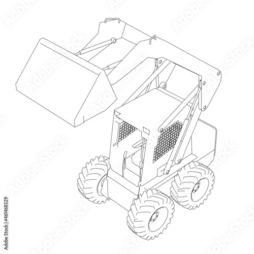 Outline of a small forklift from black lines isolated on a white background. Isometric view. Vector illustration