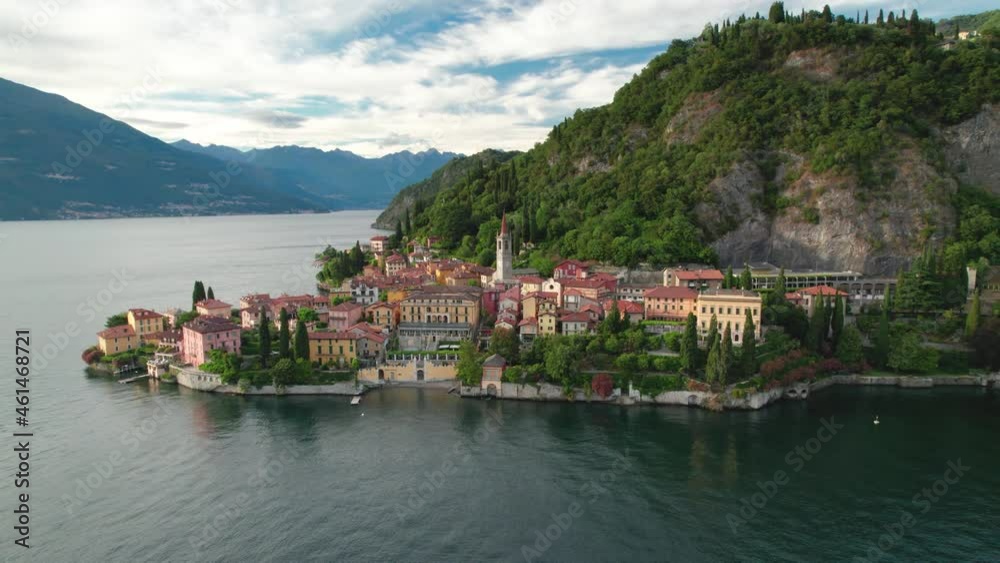 Como Lake and town of Varenna aerial view, Lombardy region of Italy Como Lake and town of Varenna aerial view, Lombardy region of Italy