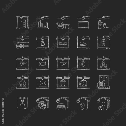 3d printing technology chalk white icons set on dark background. Creating three dimensional objects. Rapid prototyping. 3d modeling. Product testing. Isolated vector chalkboard illustrations on black
