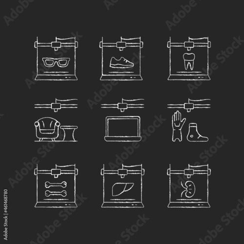 Additive manufacturing chalk white icons set on dark background. Producing 3d model. Printed prosthetics. Innovation in biomedical field. Bioprinting. Isolated vector chalkboard illustrations on black