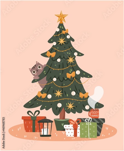 Christmas tree with presents concept. Decorated tree with wrapped gifts, lantern, hot drink and funny cat. Vector flat illustration