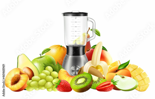 Realistic Juicer blender. Kitchen blender with set of fruits, bananas, oranges, kiwi, peach, grapes, strawberry, apple, mango, pear, avocado, isolated vector illustration