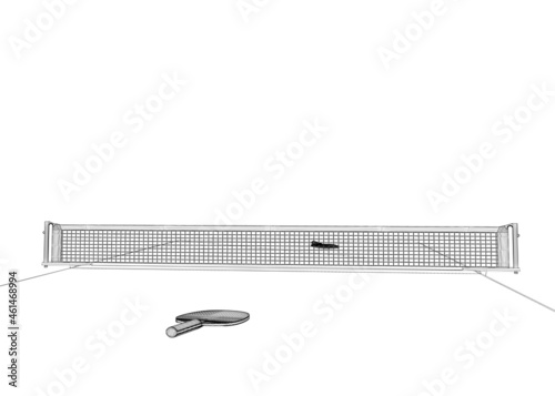 Wrieframe of a tennis table with tennis rackets from black lines isolated on a white background. Vector illustration
