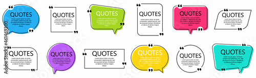 Set of quote frames. Speech bubbles with quotation marks, isolated on white background. Blank text box and quotes. Blog post template. Vector illustration.
