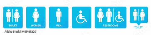 Different icons for restroom, Toilet, wc signs. Men, Woman, People with disability, Shower, Child. Vector flat design