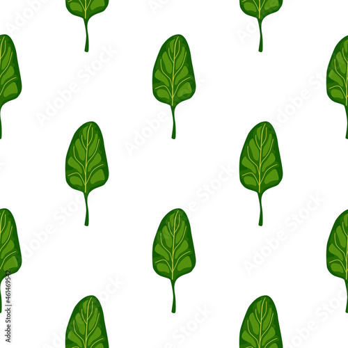 Seamless pattern Spinach salad on white background. Minimalistic ornament with lettuce.