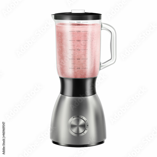 Realistic Juicer blender with healthy smoothie. Steel mixer with strawberry detox smoothie. Cooking food electronics equipment, kitchenware device. Isolated 3d vector