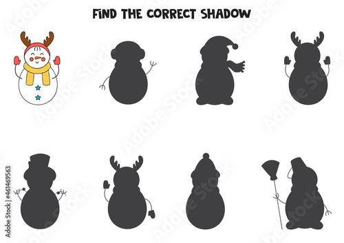 Find the correct shadow of cute cartoon snowman. Logical puzzle for kids.