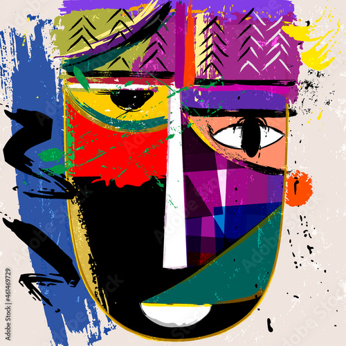 abstract face or mask, with paint strokes and splashes, african inspired