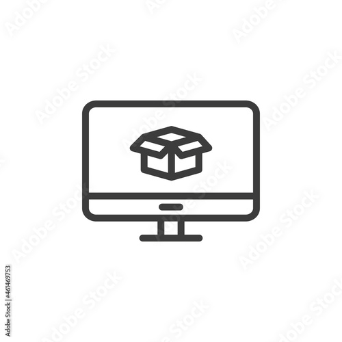 Desktop computer with open box icon. Unboxing concept.