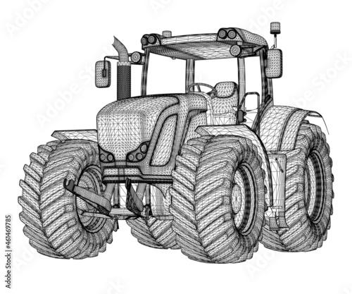Tractor wireframe from black lines isolated on white background. 3D. Vector illustration