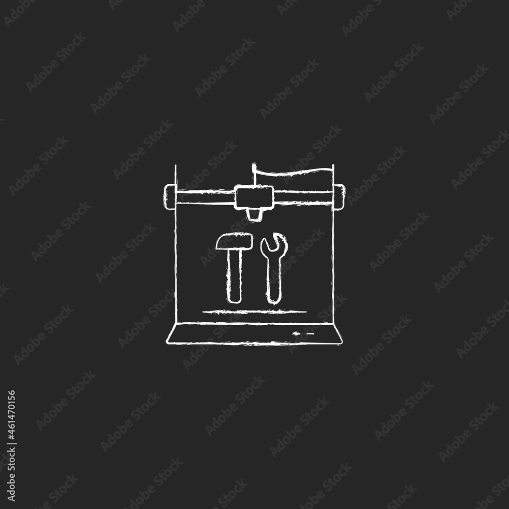 3d printed tools chalk white icon on dark background. Fully assembled functional models. Additive manufacturing technology. Printing hammer, wrench. Isolated vector chalkboard illustration on black 3d printed tools chalk white icon on dark background. Fully assembled functional models. Additive manufacturing technology. Printing hammer, wrench. Isolated vector chalkboard illustration on black