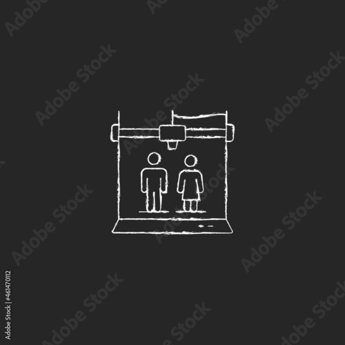 3d printed selfies chalk white icon on dark background. Three-dimensional printed figurines. Produce person replica. Create miniature statues. Isolated vector chalkboard illustration on black