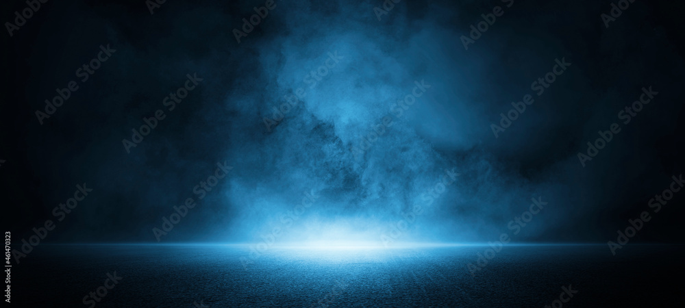 Dark street, asphalt abstract dark blue background, empty dark scene, neon light, spotlights The concrete floor and studio room with smoke float up the interior texture for display products - obrazy, fototapety, plakaty 