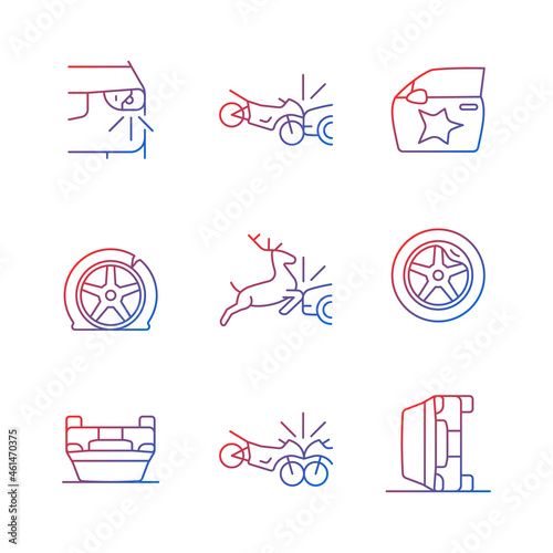 Common car crashes gradient linear vector icons set. Rollover accidents. Wildlife vehicle collision. Motorcycle crashes. Thin line contour symbols bundle. Isolated outline illustrations collection