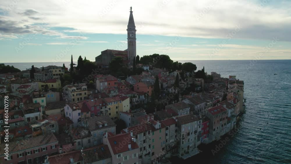 Town of Rovinj historic center aerial view, famous tourist destination in Istria region of Croatia Town of Rovinj historic center aerial view, famous tourist destination in Istria region of Croatia