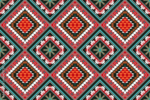 Geometric ethnic oriental pattern traditional.ancient art arabesque on black background.Aztec style beautiful embroidery abstract vector.design for texture,fabric,clothing,wrapping,decoration,carpet. photo