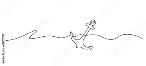 Canvastavla continuous single line anchor in sea, line art vector illustration