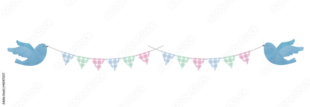 イラスト素材：青い鳥とチェック柄のガーランド