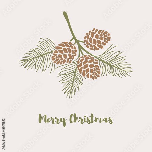Merry Christmas greeting card. Pine branch with cones in flat style. Holiday banner. Xmas backdrop. Vector illustration. Modern design poster, cover, wallpaper. Stock.