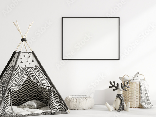 Fotografie frame mockup in scandinian style children's room with toys and wigwam
