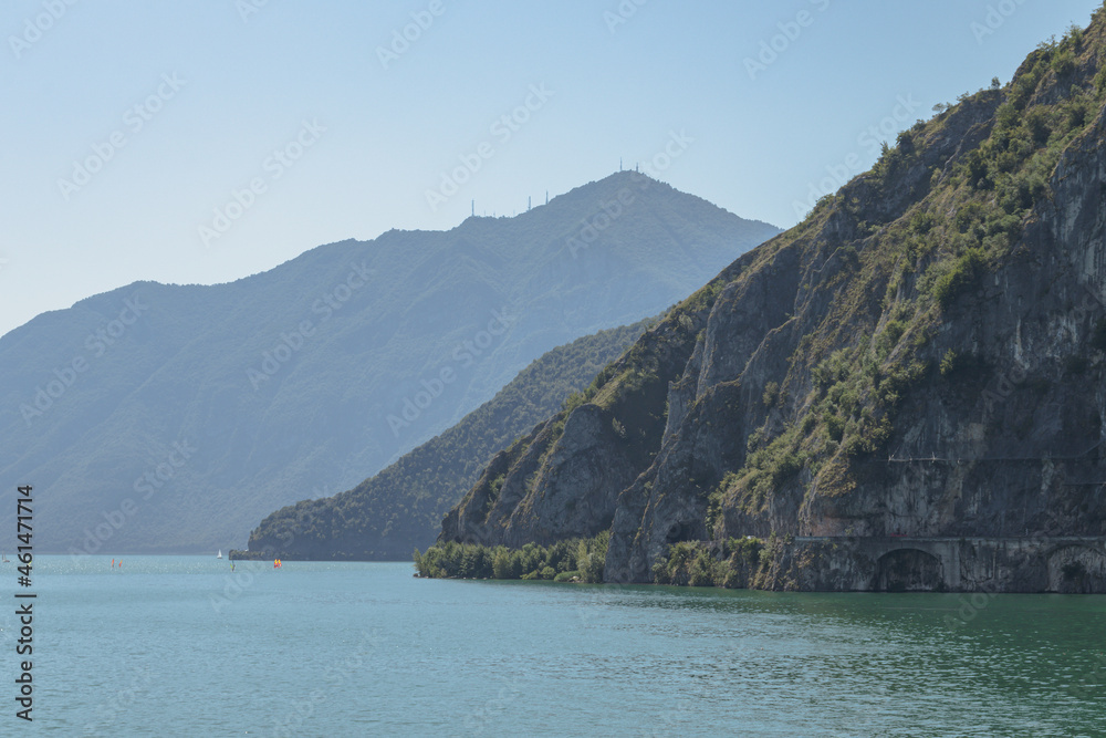 View of Iseo Lake from the town of Castro. Copy space.