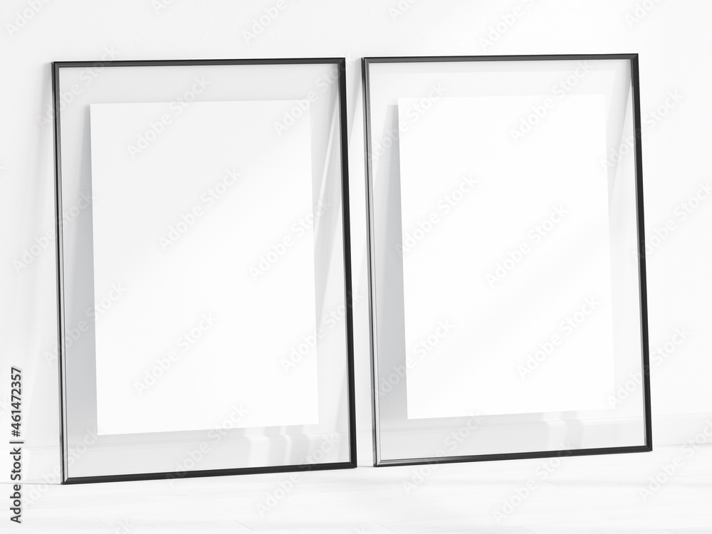 Two black frames mockup with glass border, poster mockup, print mockup, gallery mockup, minimalist mockup, 3d render Two black frames mockup with glass border, poster mockup, print mockup, gallery mockup, minimalist mockup, 3d render