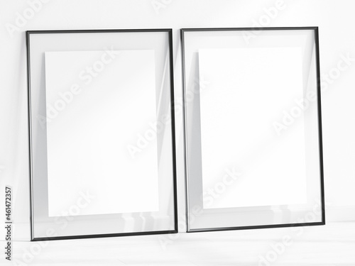 Two black frames mockup with glass border  poster mockup  print mockup  gallery mockup  minimalist mockup  3d render