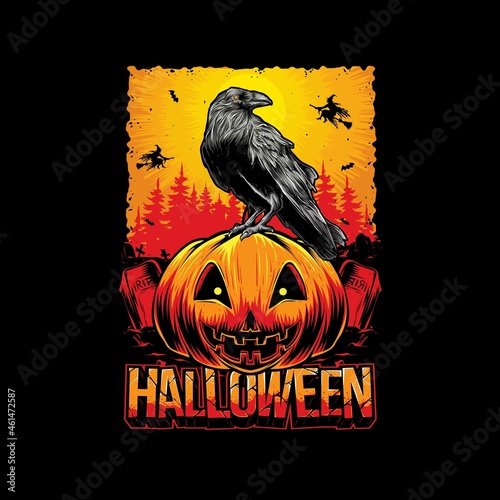 halloween pumpkin head with crow vector