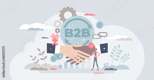 B2B Business model concept, tiny person vector illustration. Commercial transactions between business entities. Partnership network building and industry collaboration. Selling and producing products.