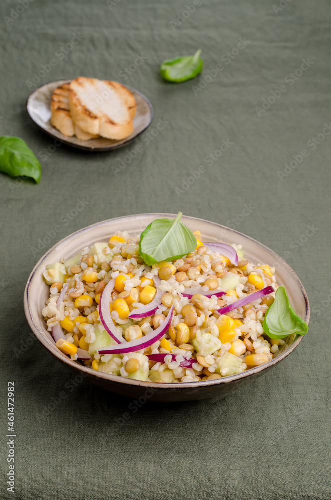 Lentil salad with wheat and vegetables