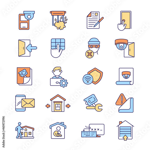 Home security RGB color icons set. Weak home areas that need camera surveillance. Camera security system. Protection measures. Isolated vector illustrations. Simple filled line drawings collection