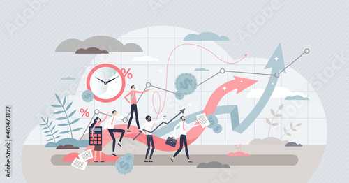 Sales force growth team in action, cooperation teamwork tiny person concept. Business financial success and market strategy improvement based on data. Leading and managing goal oriented sales people.