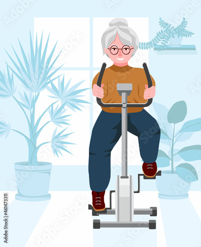 Smiling grandma on exercise bike. An elderly woman practicing in gym or home. The concept of longevity and a healthy lifestyle. Vector isolated flat illustration