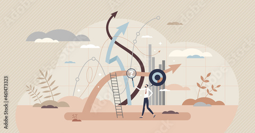 Analyst working with statistics concept, tiny person vector illustration. Business data research process for finance or marketing strategy. Information analysis and building report for growth strategy