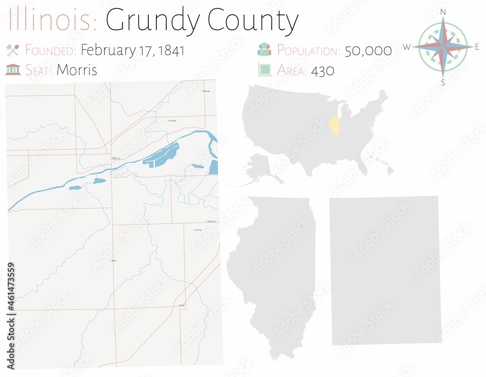 Naklejka premium Map on an old playing card of Grundy county in Illinois, USA.