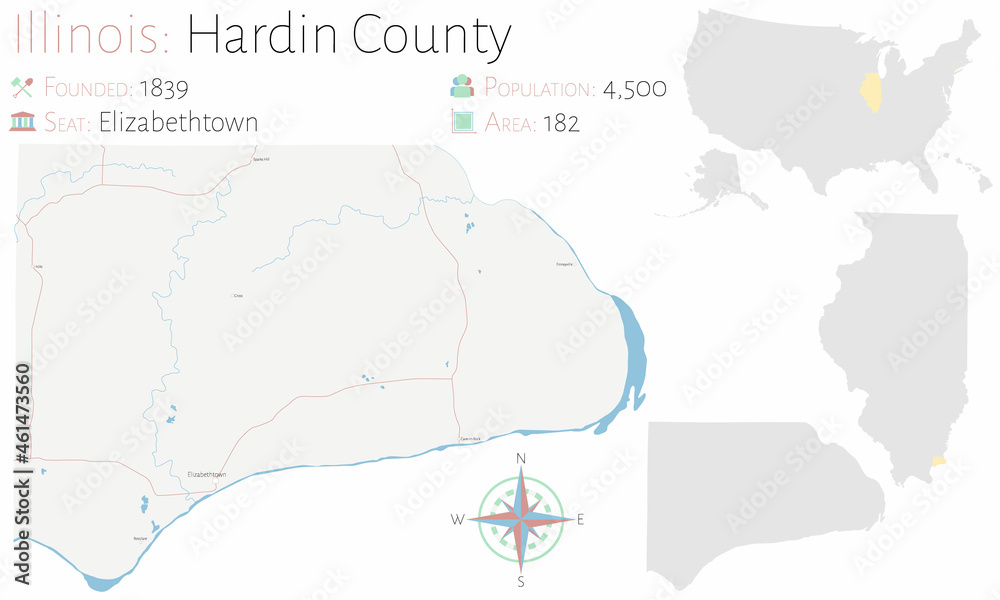 Map on an old playing card of Hardin county in Illinois, USA.
