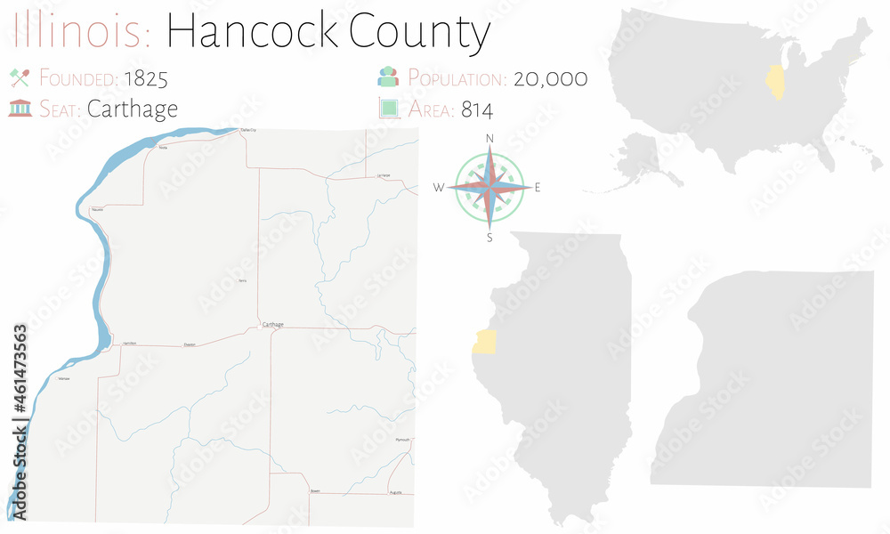 Map on an old playing card of Hancock county in Illinois, USA.