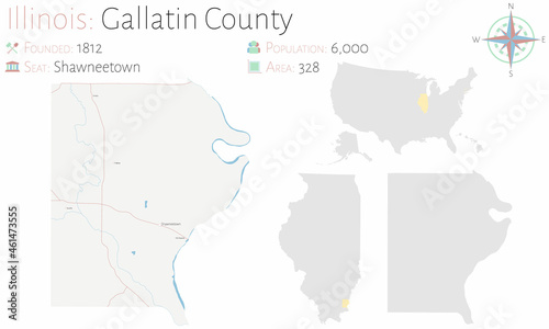 Map on an old playing card of Gallatin county in Illinois, USA.