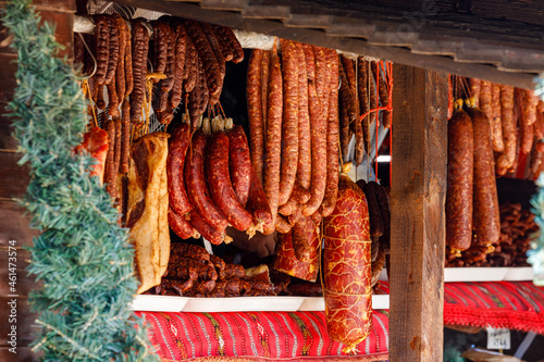 romanian sausage in  a shop at the transalpine road 