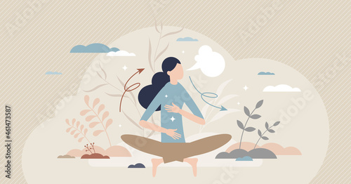 Foto Breathe in air as healthy mindfulness practice for calm tiny person concept