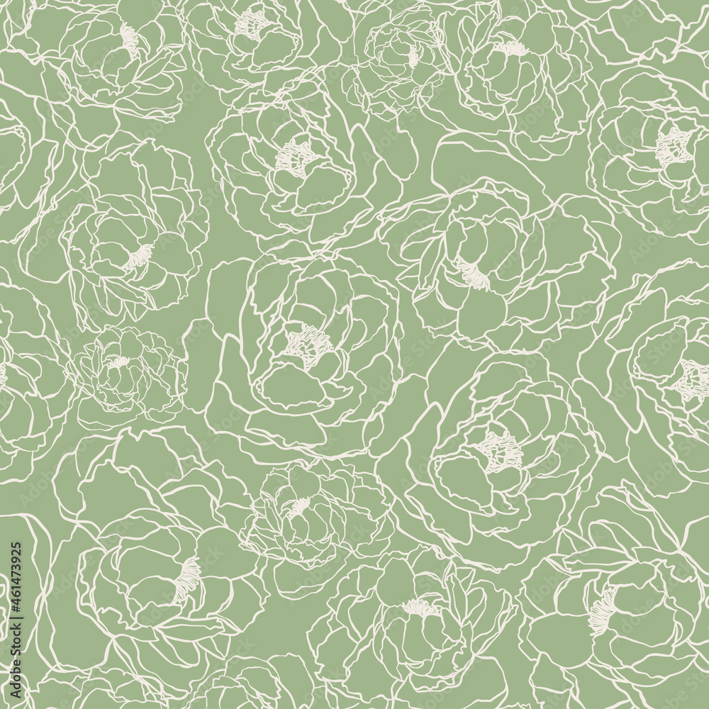 Outline roses seamless repeat pattern. Cottage core, random placed, vector line art flowers all over surface pattern with sage green background.