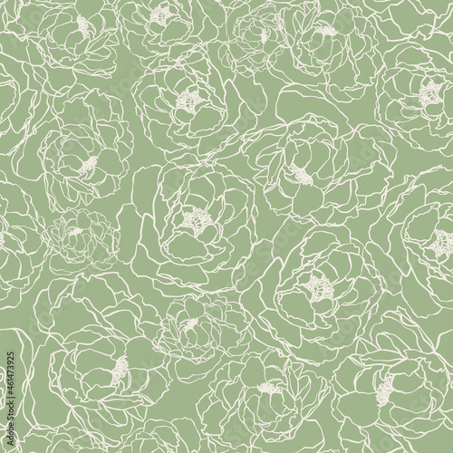 Outline roses seamless repeat pattern. Cottage core  random placed  vector line art flowers all over surface pattern with sage green background.