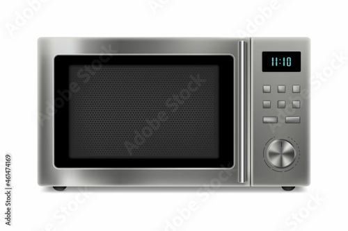 Realistic Microwave Isolated on White Background. Front View of Stainless Steel Over the Range Microwave Oven. Household Kitchen and Domestic Appliances. Home Innovation. Vector 3D